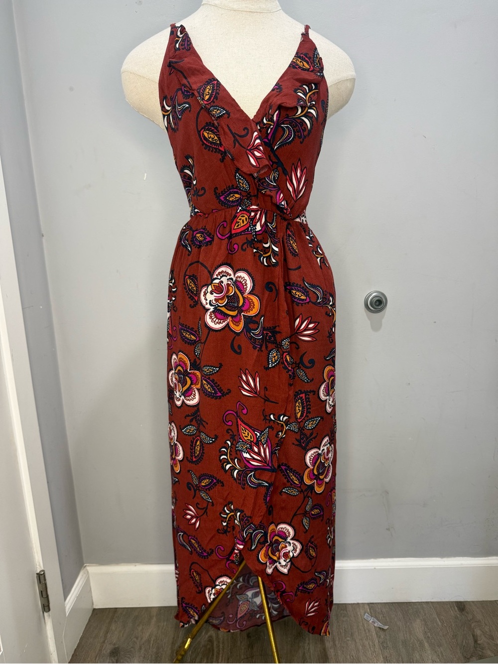 Astr Burgundy Floral Midi Wrap Dress